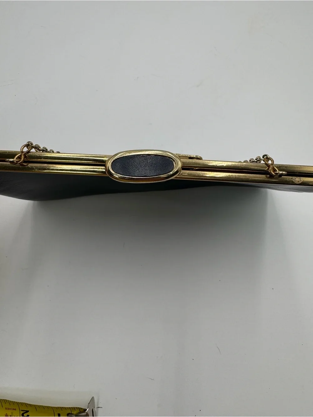 Vintage Etra Genuine Leather Navy Blue Clutch Purse Gold Chain Evening Bag